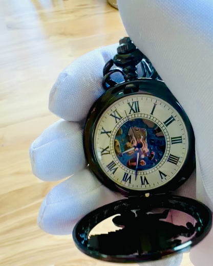 Reloj de Bolsillo "Equus Tempus" - Negro con Motivo de Caballo, posibilidad de personalización con grabado - esfera blanca