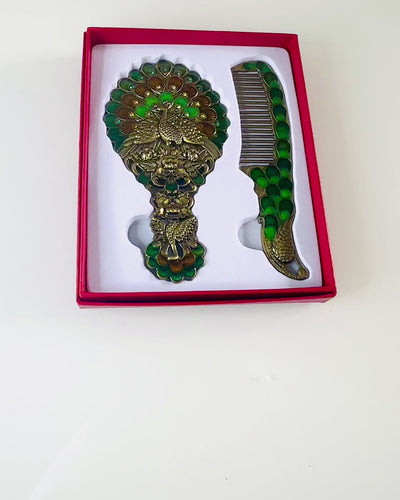 Conjunto Vintage con Espejo y Peine con Motivo de Pavo Real - Accesorios Cosméticos Decorativos