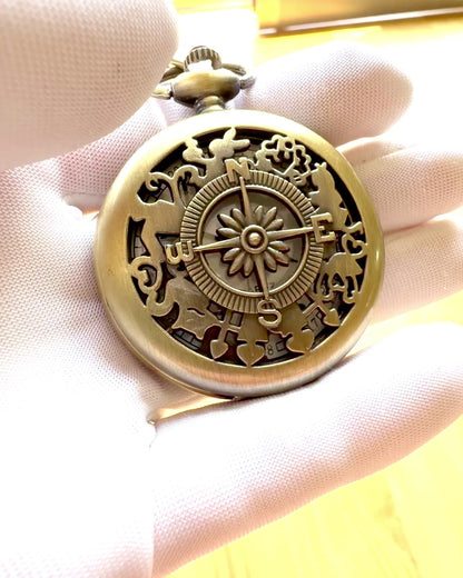Reloj de Bolsillo Antiguo con Motivo de Brújula y Cadena, de Cuarzo, personalización con grabado