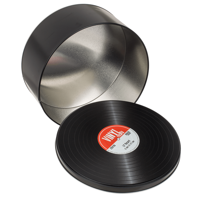 Cajas metálicas, estilizadas como discos de vinilo con un aire retro, con posibilidad de personalización mediante grabado