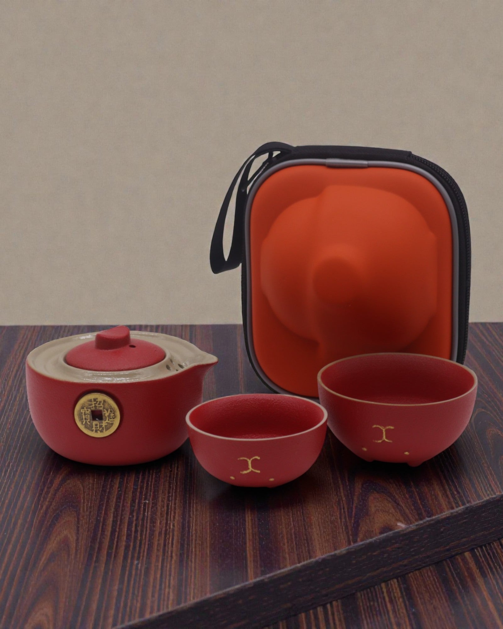 Gato Rojo de la Fortuna – Juego de té con 2 tazas (Rojo)