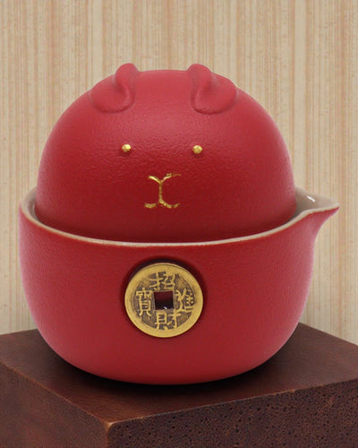 Gato Rojo de la Fortuna – Juego de té con 2 tazas (Rojo)