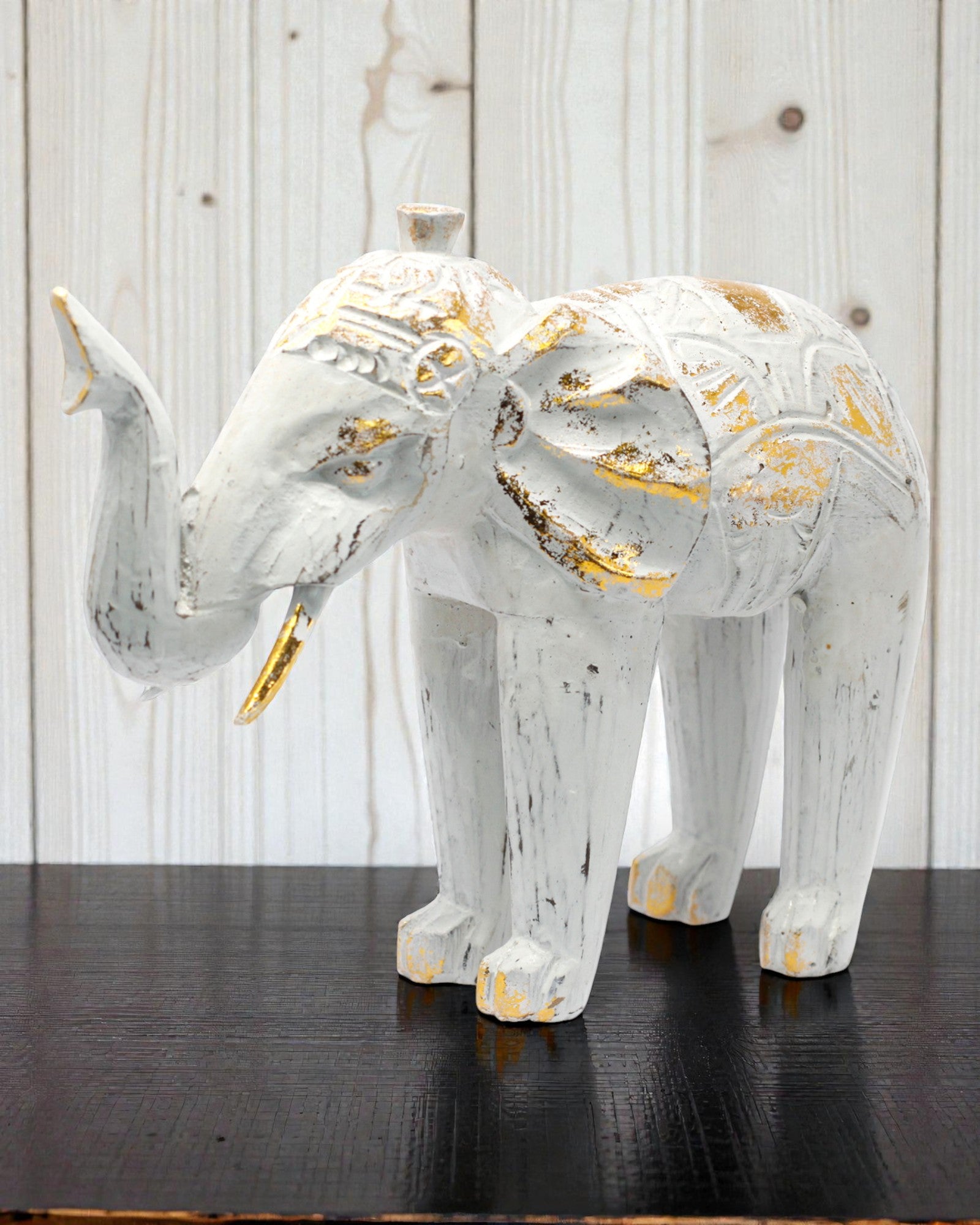 Escultura de elefante 24 cm – Blanco y oro