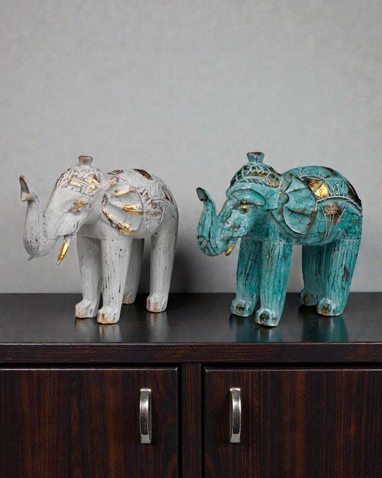 Escultura de elefante 24 cm – Turquesa y oro