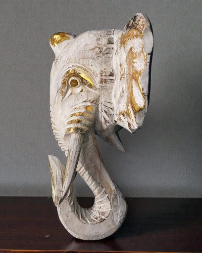 Cabeza de elefante grande 29x26 cm – Blanco y oro