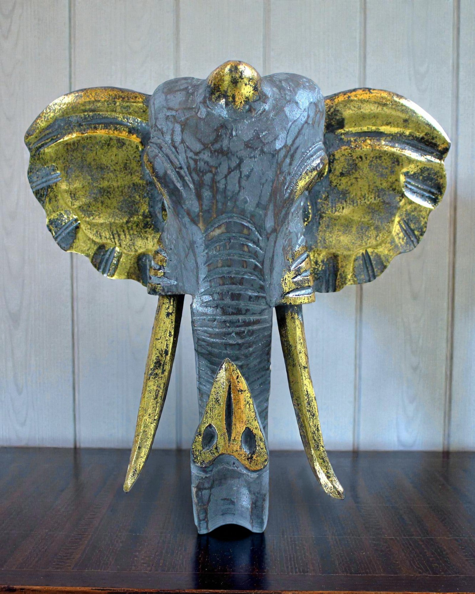 Cabeza de elefante grande 29x26 cm – Gris, azul y oro