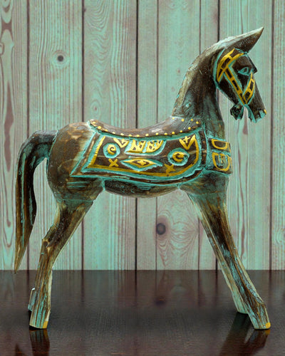Caballo grande dorado-turquesa 32 cm – Acento oriental premium