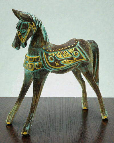 Caballo grande dorado-turquesa 32 cm – Acento oriental premium